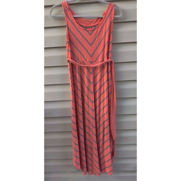 Liz Lang Maternity Womens Size XS TP Maxi Dress Orange Gray Stripe Tie Belt Baby - Picture 3 of 12